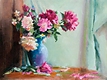 Peonies in a Blue Glass Vase